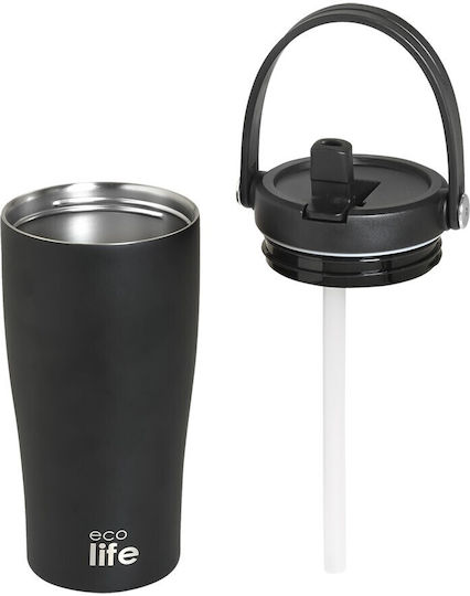 Ecolife Handled Tumbler Thermosflasche Rostfreier Stahl BPA-frei 600ml Schwarze mit Stroh und Handgriff