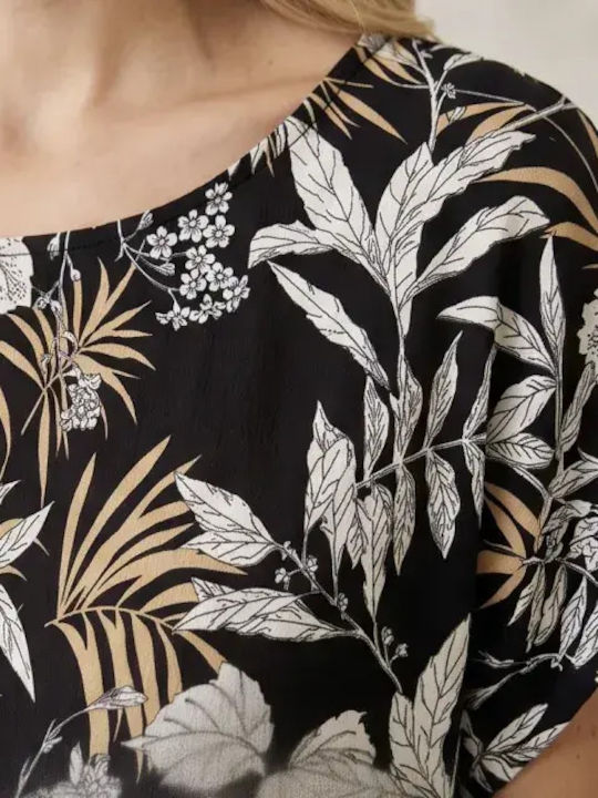 Damenbluse Baumwoll-Kurzärmelig Blumenmuster Schwarz Blumenmuster Druck