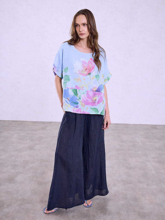 Women's Linen Blouse Floral Print Loose Fit Light Blue