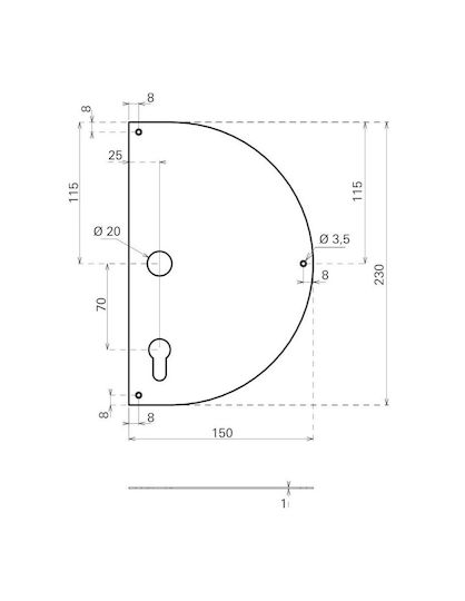 Left Door Push Plate Self-Adhesive Inox Semi-Circle Cylinder Hole 230x150 Mm Thirard 00922330