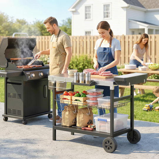 Outsunny Outdoor Barbecue Cart Bench Stainless Steel Spice Holder Hooks Side Handle Black 846-277v00bk