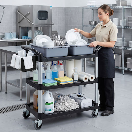 HomCom Professional Cleaning Trolley with 3 Shelves 2 Removable Buckets Side Bucket 4 Wheels Black 720-033v00bk