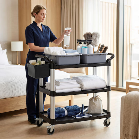 HomCom Professional Cleaning Trolley with 3 Shelves 2 Removable Buckets Side Bucket 4 Wheels Black 720-033v00bk
