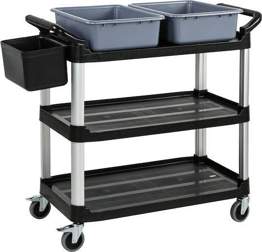 HomCom Professional Cleaning Trolley with 3 Shelves 2 Removable Buckets Side Bucket 4 Wheels Black 720-033v00bk