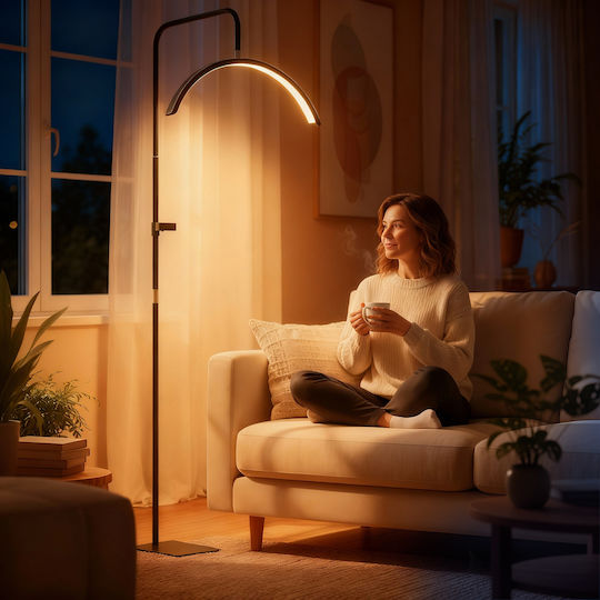 Homcom Επιδαπέδια Λάμπα Led Κεφαλή Μισοφέγγαρο Ρυθμιζόμενο Ύψος Θερμοκρασία Χρώματος Τηλεχειριστήριο Μαύρη B31-604v90bk