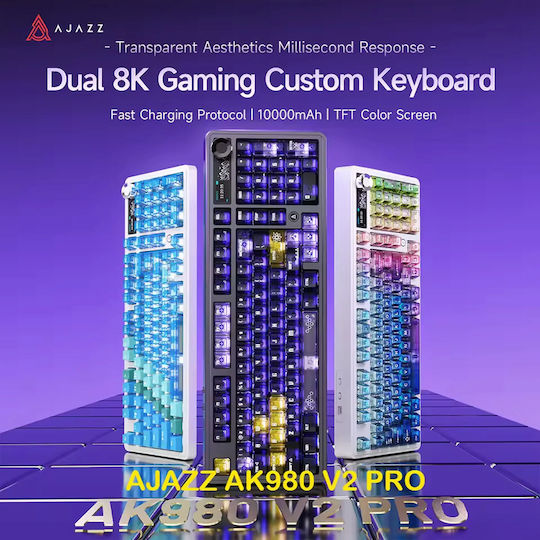 Ajazz AK980 V2 Pro Ασύρματο Gaming Μηχανικό Πληκτρολόγιο 98% με RGB φωτισμό (Αγγλικό US) Gradient Blue Transparent