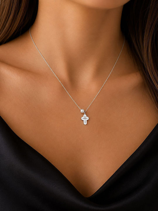 Xryseio Damen Weißgold Kreuz 14K mit Kette