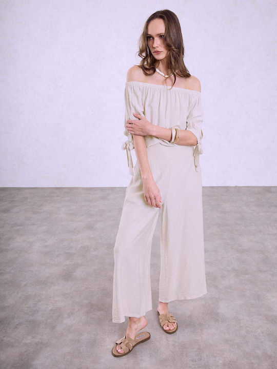 Celestino Γυναικεία Παντελόνα Crop Ψηλόμεση Loose Fit Μπεζ