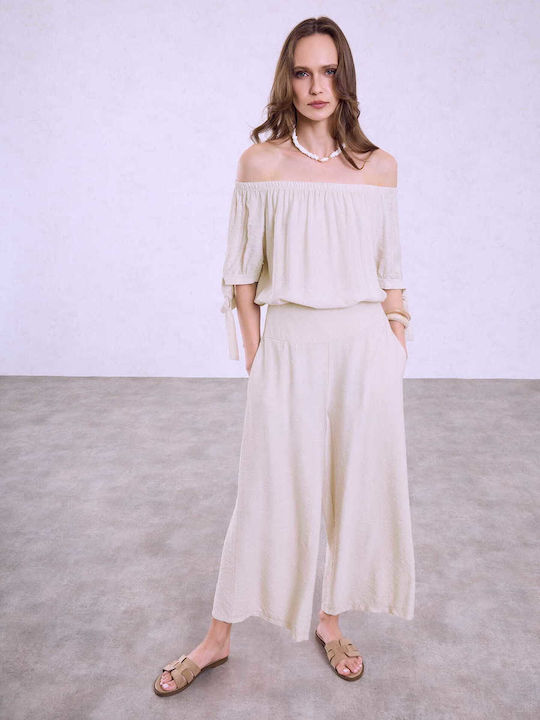 Celestino Γυναικεία Παντελόνα Crop Ψηλόμεση Loose Fit Μπεζ