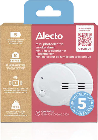 Alecto Pack 2 Compact Mini Smoke Detectors Durable 5-year Battery White