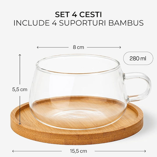 Miamio Satz Tassen Tee Bamboo Transparente 280ml 4 Stück