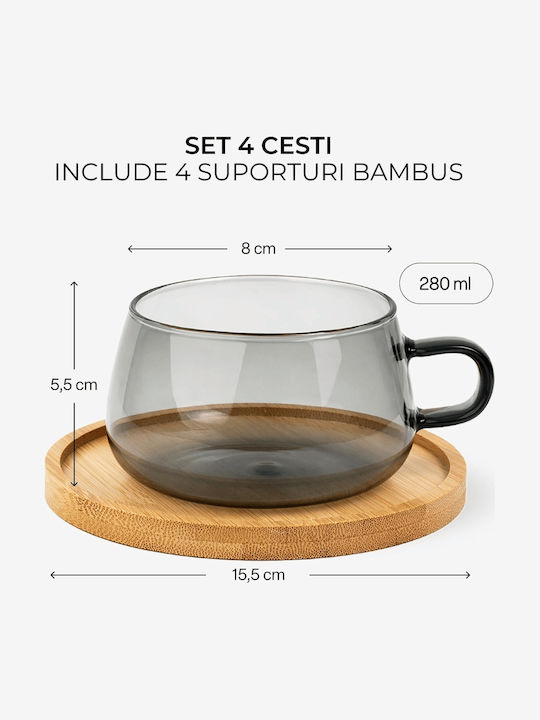Miamio Set Cesti Ceai Bambus Gri 280ml 4 Bucăți