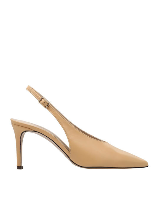 Leder Spitze Zehe Pumps mit Riemen & Hohem Absatz Beige