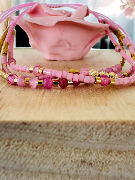 Bratara Roz Handmade Snur Paty Cu 3 Straturi Miyuki Cu Turmalina Roz Placata Cu Argint Aurit