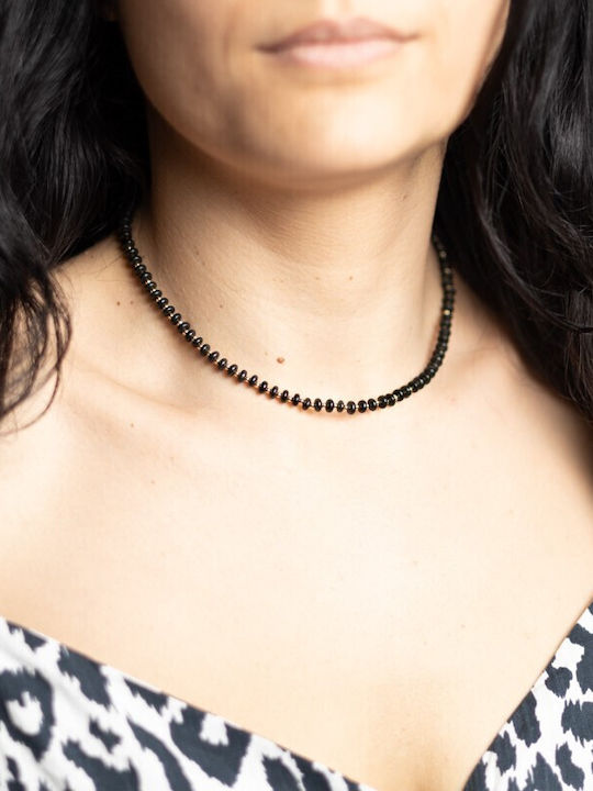 Colier Din Pietre Semiprețioase Agat Negru Kamia Choker Cu Închizătoare Din Cupru Placă De Aur 18k