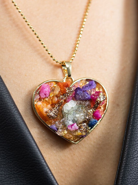 Colier Multicolor Pandantiv Inimă Aplicat Druzy Pietre Semiprețioase Placat Cu Aur 18k