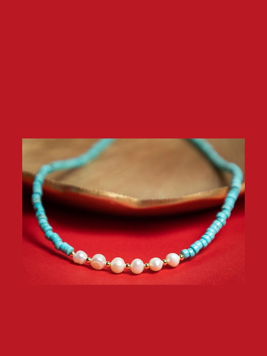 Colier Choker Cu Piatra Naturală Shoushan Turcoaz Placat Cu Aur 18k Mărgele De Apă Dulce Aisoon