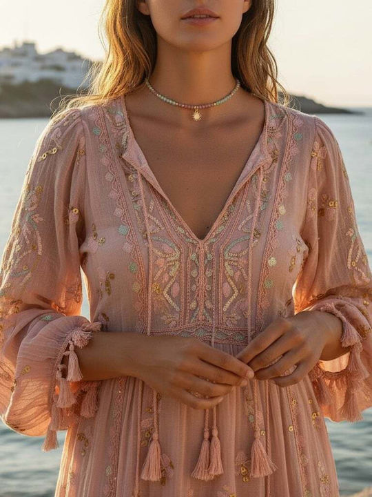 Colier Choker Handmade Solandra Din Smarald Natural Cu Cristale Roz De Turmalină 925 Talisman Soare