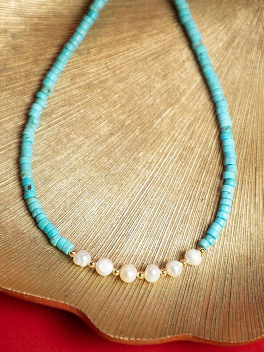 Colier Choker Cu Piatra Naturală Shoushan Turcoaz Placat Cu Aur 18k Mărgele De Apă Dulce Aisoon