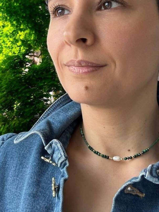 Colier Choker Elina Din Argint 925 Placat Cu Aur Cu Mărgele Miyuki Verzi Și Malachit Natural