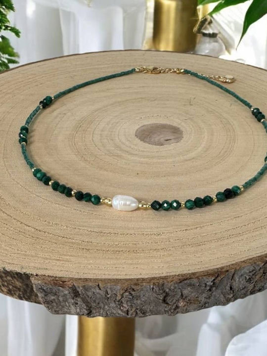 Colier Choker Elina Din Argint 925 Placat Cu Aur Cu Mărgele Miyuki Verzi Și Malachit Natural