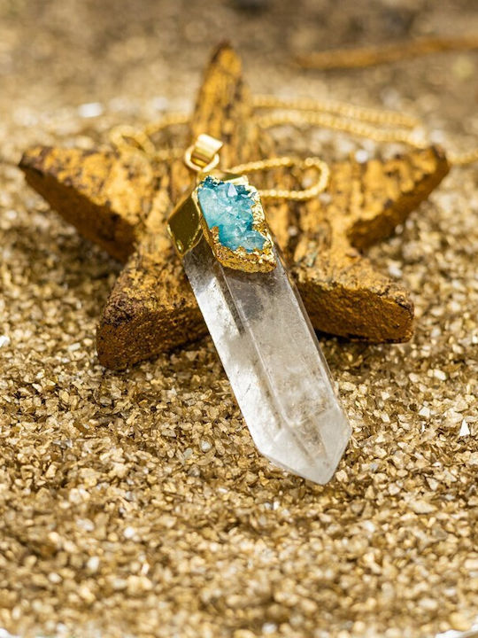 Colier Ira Cristal Pandantiv Cristal De Stâncă Cuarț Transparent Punct Cuarț Placat Cu Aur 18k Druzy Agat
