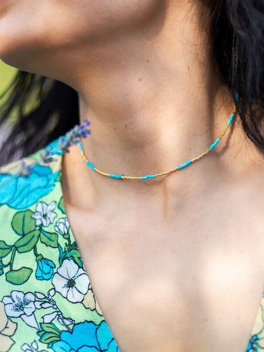 Colier Elegant Choker Placat Cu Aur 18k Cu Pietre Semiprețioase Turcoaz Natural Vania Sunstone Miyuki