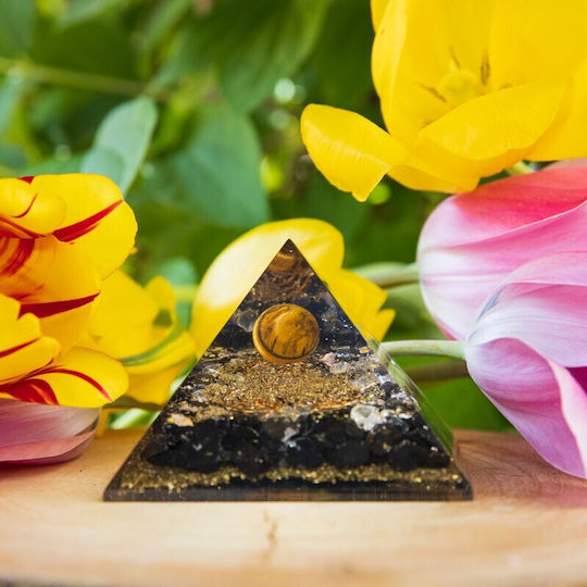 Piramidă Orgone Obsidian Tigru Cristal Cuart Alb Pudră De Cupru Spirale De Cupru