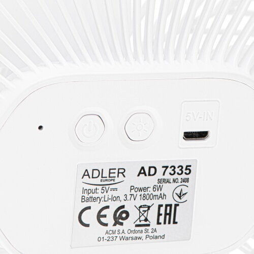 Adler Ανεμιστηράκι USB και Power Bank 6W Λευκό AD 7335
