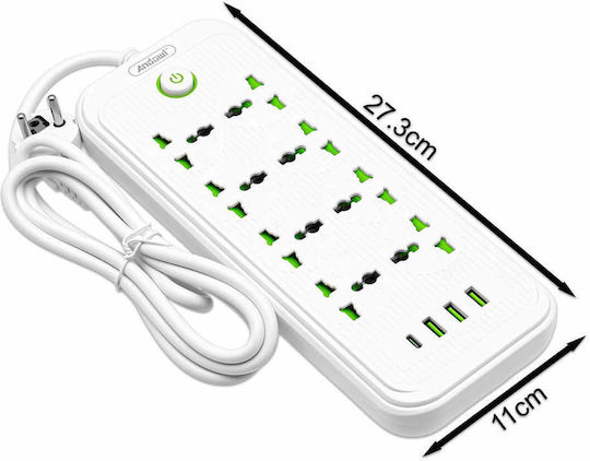 Andowl Power Strip 8 Sockets with 3 USB-A, USB-C, Switch and Cable 2m