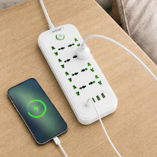 Andowl Power Strip 8 Sockets with 3 USB-A, USB-C, Switch and Cable 2m