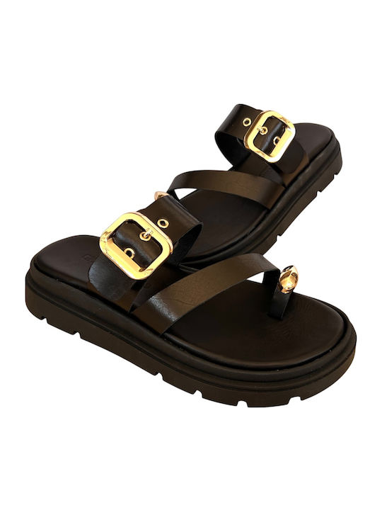 Leather Women's Flat Sandals Flatforms Black