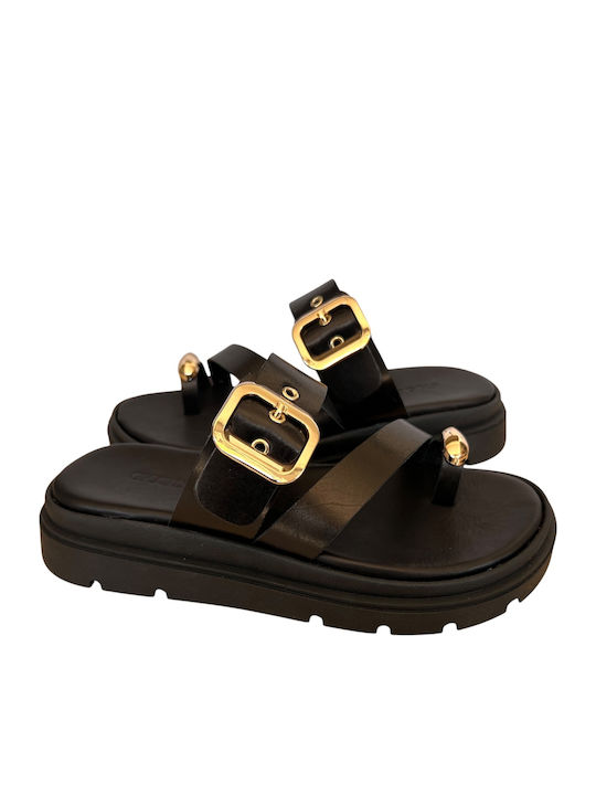 Leather Women's Flat Sandals Flatforms Black