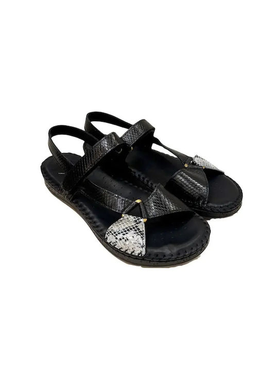 Leder Flache Damen Sandalen Schwarz