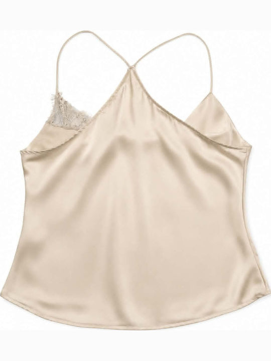 Women's Satin Drape Blouse with Beige Spaghetti Straps