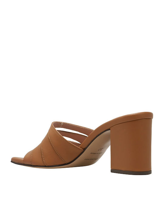 Leather Mules With Chunky High Heel In Tabac Brown Colour VANESSA