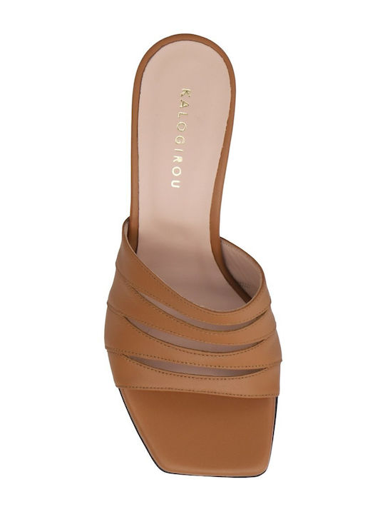 Leather Mules With Chunky High Heel In Tabac Brown Colour VANESSA