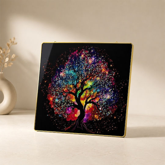 Modern Dekoratives Gemälde Baum Leben Mehrfarbig 3D Geprägte Kristalle Goldener Rahmen 40x40 cm