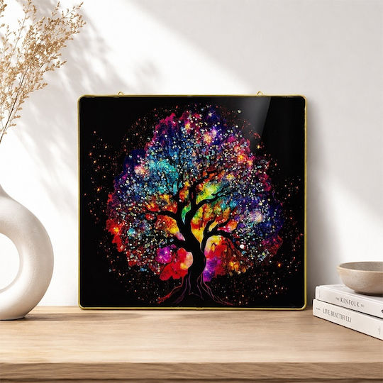 Modern Dekoratives Gemälde Baum Leben Mehrfarbig 3D Geprägte Kristalle Goldener Rahmen 40x40 cm