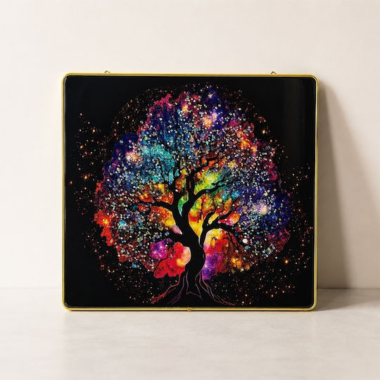 Modern Dekoratives Gemälde Baum Leben Mehrfarbig 3D Geprägte Kristalle Goldener Rahmen 40x40 cm