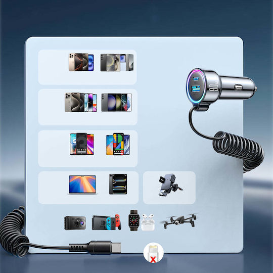 Joyroom JR-CL07 Car Charger 72W 3A Fast Charging with Ports 1xUSB-A 1xType-C with Type-C Cable Black Colour
