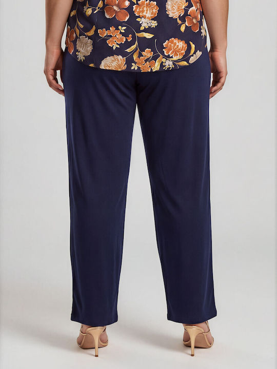Women's Fabric Trousers with Rubber Band in Straight Leg Style Dark Blue