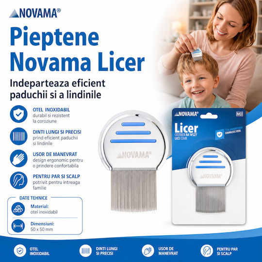 Novama Licer Pieptene pentru îndepărtarea păduchilor și lindinilor Oțel inoxidabil Dinți lungi 50 X 50 Mm