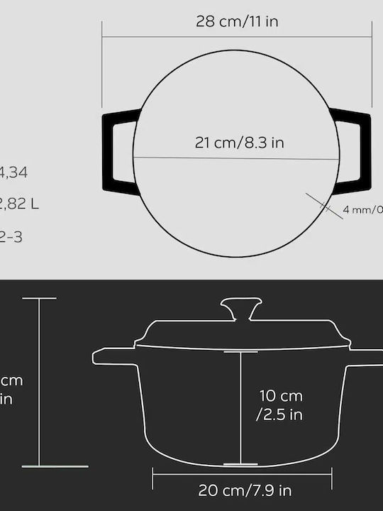 Lava Oală adâncă din fontă 2.82lt / 20cm Μαύρη