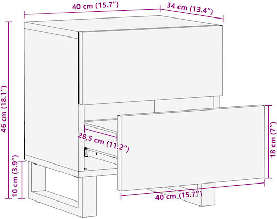 Wooden Bedside Tables with Metal Legs Brown 2 Pieces 40x34x46cm