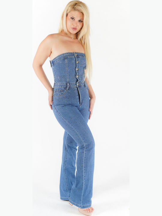 Damen Denim Trägerlose Jumpsuit Dunkelblau