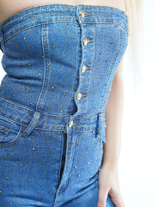Damen Denim Trägerlose Jumpsuit Dunkelblau