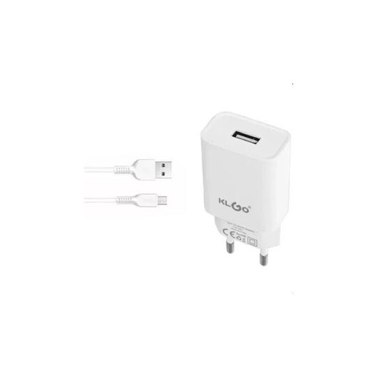 KLGO Charger with USB-A port and Lightning Cable in White Colour (KC-09T)