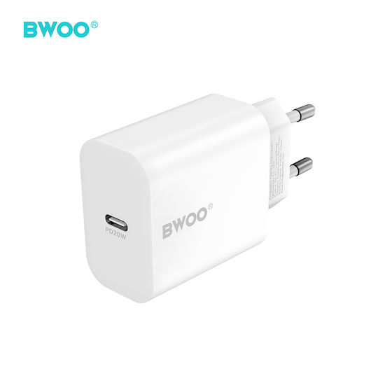 BWOO Handyladegerät mit USB-C Ausgangsanschluss und Kabel USB-C - USB-C 20W Stromlieferung Weiß (CDA233)