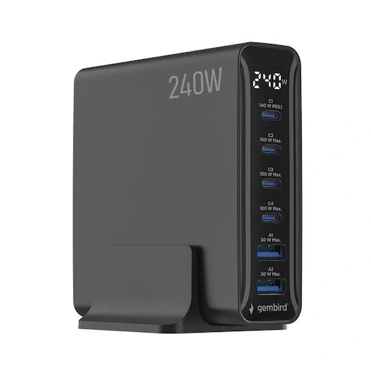 Gembird GaN Charging Station with 2 USB-A and 4 USB-C Ports 240W Power Delivery / Quick Charge 3.0 in Black Colour (TA-UC-2A4C-PD240-01-BK)